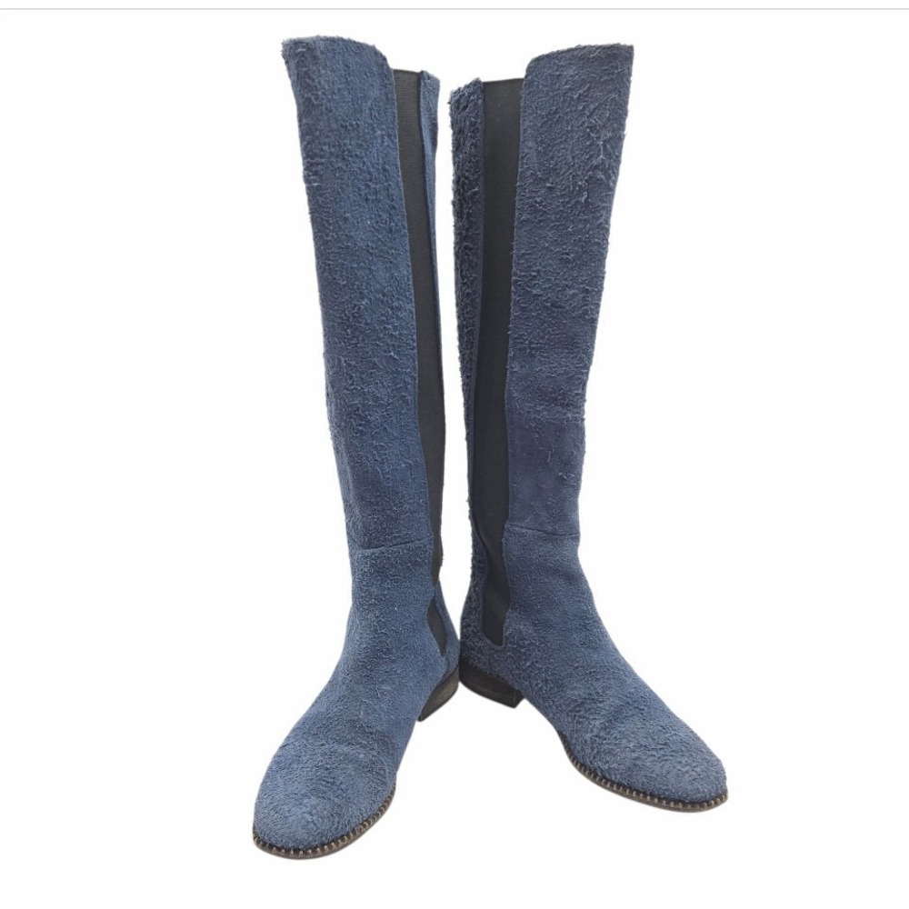Free People Callow Tall‎ Boot Blue Distressed Blue Suede Sz 38 EU 7 US Back Zip